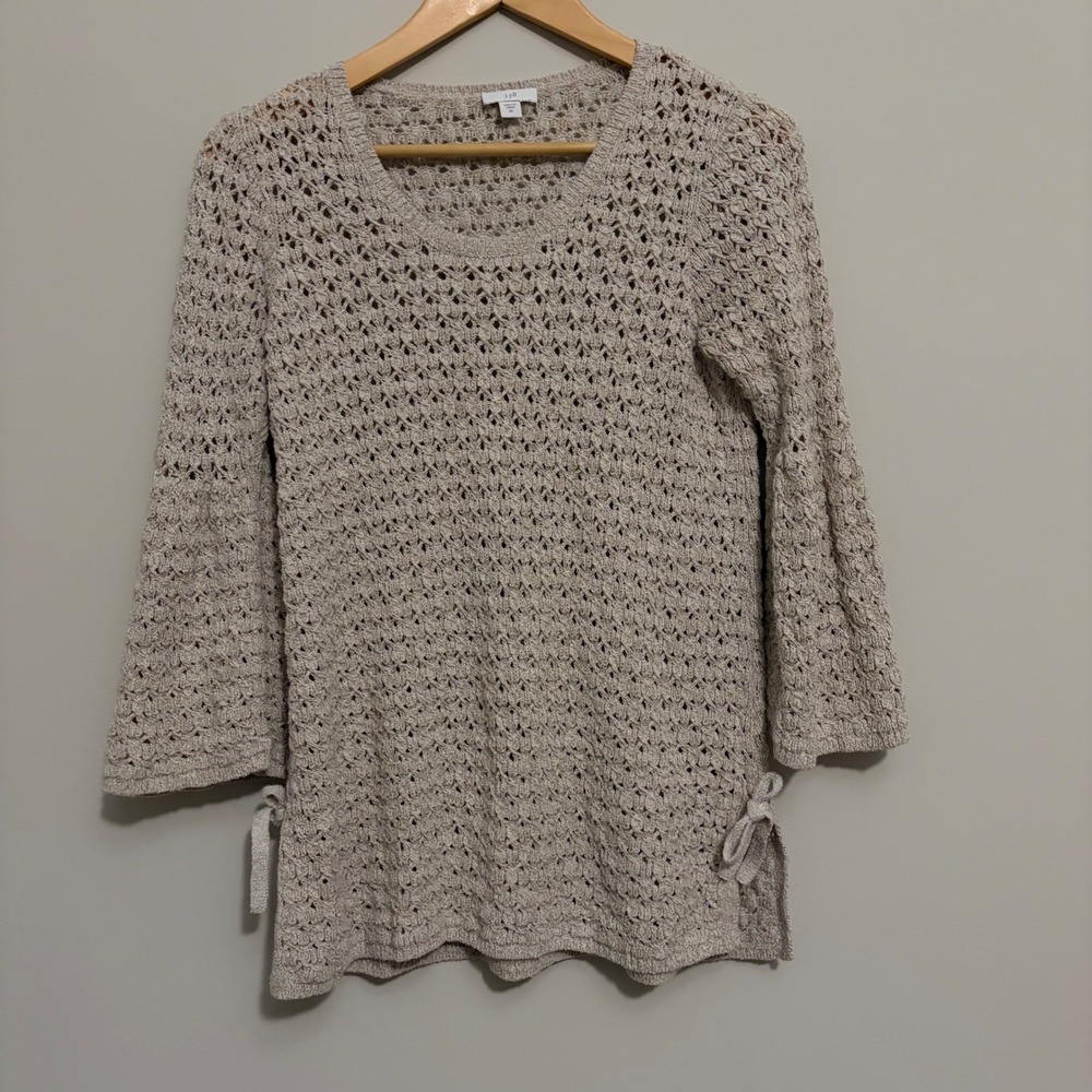 J. Jill Women XS Oatmeal Beige Crochet Knit Bell Sleeve Tie Hem Tunic Sweater